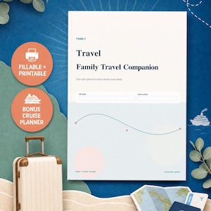 Op de afbeelding: Een wit document getiteld Family Travel Companion met velden voor reisnaam en data, voorzien van een blauwe lijngrafiek, een roze cirkel en de teksten Fillable + Printable en Bonus Cruise Planner op oranje cirkels.