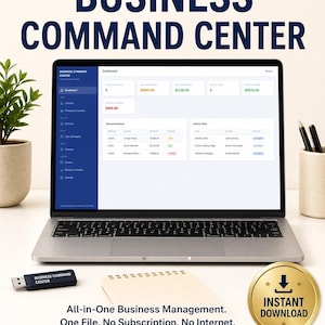 May include: A laptop displaying a Business Command Center dashboard with financial data, invoices, and active jobs. Includes a USB drive labeled Business Command Center, a notepad, and a gold Instant Download badge. Text reads All-in-One Business Management.