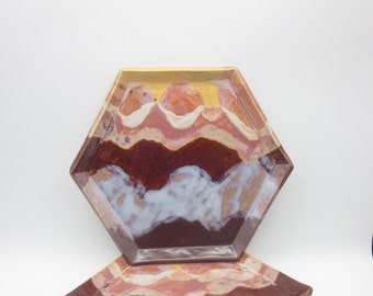 Handmade Ceramic Mountain Plates-  Orange/Pink/Purple: Hexagon (Large)