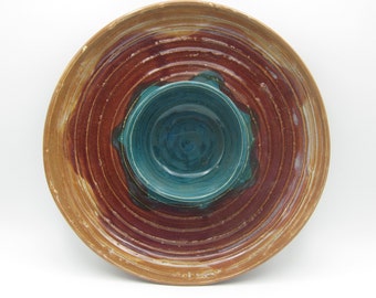 Handmade Ceramic Chip N Dip Bowl- Turquoise/Red/Ochre/Brown