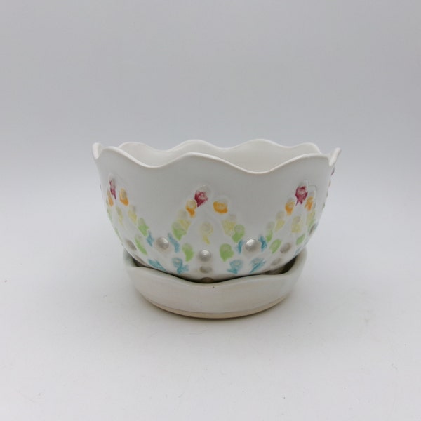 Handmade Ceramic Berry Bowl (Small)- White/Rainbow