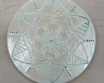 Handmade Ceramic Trivet- White/Green/Blue