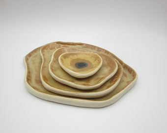 Handmade Ceramic Organic Nesting Plates (Set of 6)- Ochre/Brown/Green