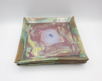 Set of 4 Handmade Ceramic Plates- Nesting Squares: Purple/Pink/Blue/Green/Yellow