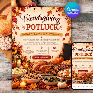 May include: A Friendsgiving Potluck invitation flyer featuring autumn leaves, string lights, and a feast of roasted turkey, mashed potatoes, and pumpkin pie. The text includes event details for The Willow House on November 22, 2026, at 4:00 PM.