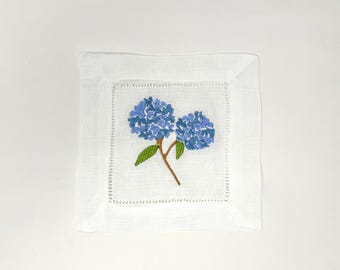 Embroidered Blue Hydrangea Cocktail Napkins | Personalized Linen Blend Southern Entertaining Set