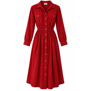 May include: A solid red midi-length shirt dress featuring a collared neckline, long sleeves with buttoned cuffs, and a button-down front placket. The garment includes two chest pockets and an elasticated waistline that creates a gathered skirt.