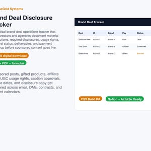 May include: A digital Brand Deal Disclosure Tracker by PipelineGrid Systems featuring a table with columns for Deal, ID, Brand, Pay, and Status. The interface includes buttons labeled CSV Build Kit and Notion + Airtable Ready for managing sponsored content.