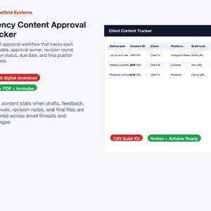 Plantilla de seguimiento de aprobación de contenido, flujo de trabajo de revisión de clientes en formato CSV para Notion y Airtable para agencias y autónomos