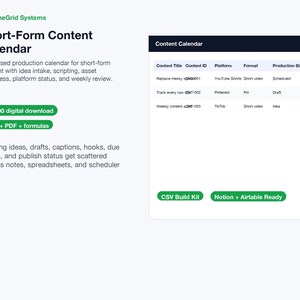 Könnte beinhalten: Eine digitale Vorlage für einen Kurzform-Inhaltskalender von PipelineGrid Systems. Das Layout enthält eine Tabelle mit Spalten für Inhaltstitel, Inhalts-ID, Plattform, Format und Produktionsstatus. Es verfügt über grüne Schaltflächen mit der Aufschrift CSV Build Kit und Notion + Airtable Ready, die zur Organisation von Content-Produktionsabläufen konzipiert sind.