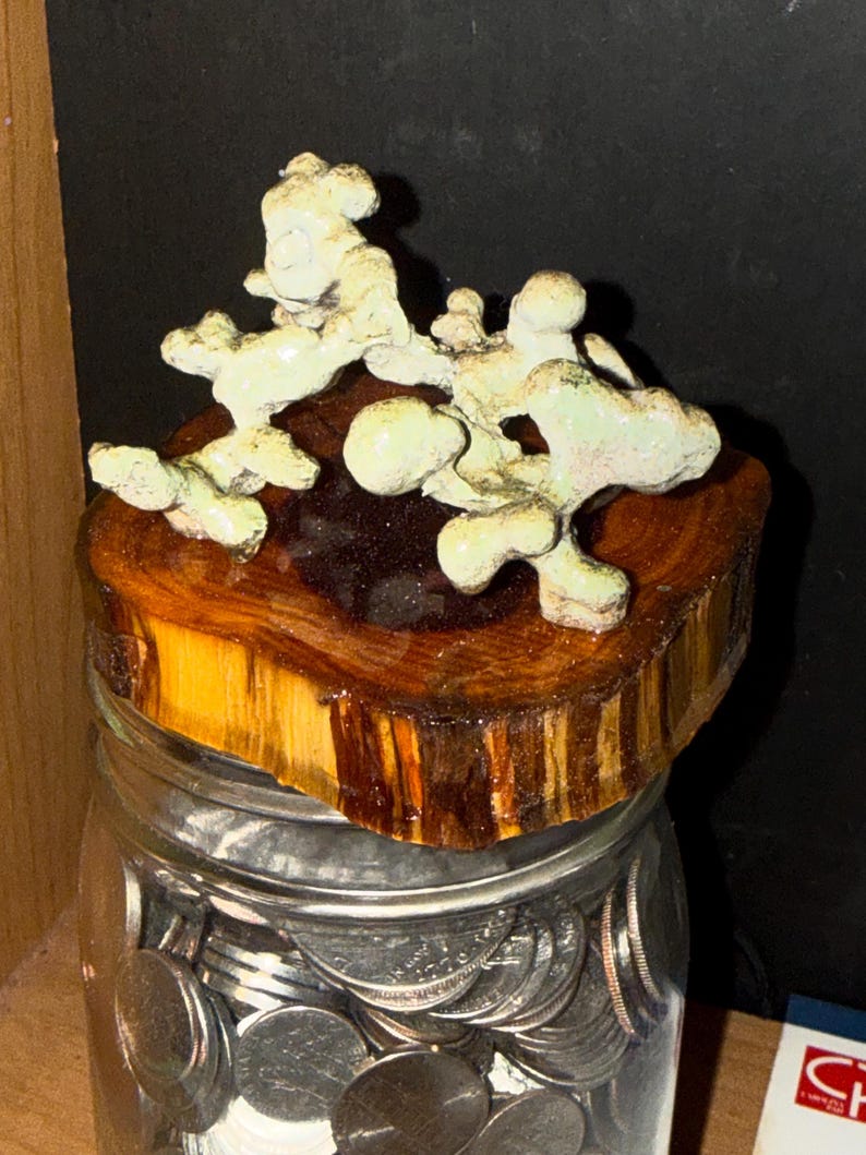 May include: A clear glass jar filled with silver coins, topped with a thick, circular wooden slice featuring a natural bark edge. Resting on the wood is an abstract, pale green, textured ceramic sculpture with multiple rounded, organic protrusions.