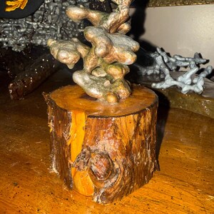 May include: A sculpture featuring a metallic, organic, and textured form with bronze and silver tones mounted on a cylindrical wooden base. The base displays natural wood grain, bark edges, and a prominent knot, providing a sturdy foundation for the abstract, multi-lobed metal structure above.
