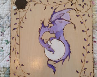 Purple Dragon and Moon  scrap book of shadows tarot witch spells wicca wood faux leather wedding Love journal grimorie  Halloween