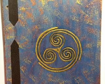 Triskele metal Book of Shadows, Wooden, expandable,Goddess,altar metaphysical, glass, moon, leather,herb