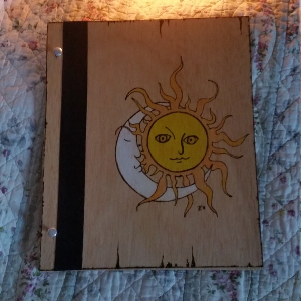 Sun Moon 12 x 11 Wooden expandable Book of Shadows Goddess, God, Pagan, spells, witch, candle, altar, wand, cast,cat,herb, hecate