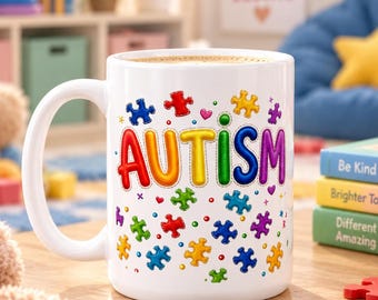 Autism Awareness Ceramic Mug | Colorful Puzzle Coffee Cup | Autism Mom Gift | Neurodiversity Gift | Teacher Therapist Gift