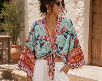Boho Floral Kimono Cardigan, Tie Front Beach Cover Up, Lightweight Rayon Bohemian Top, Festival Kimono, Summer Resort Wear