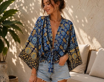 Kimono cárdigan bohemio con estampado paisley, pareo floral para la playa, top bohemio con lazo frontal, kimono ligero de verano, atuendo para festivales.