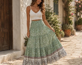Boho Floral Maxi Skirt for Women, High Waist Smocked Long Skirt, Flowy Tiered Beach Skirt, Summer Bohemian Festival Skirt