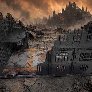 May include: A dark gray miniature wargaming terrain piece featuring ruined building walls with barred windows and a floor section marked with yellow hazard stripes, set against a backdrop of a desolate, destroyed city landscape.