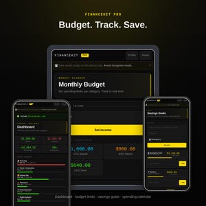 May include: A digital finance application interface titled FinanceKit Pro displayed on a tablet and two smartphones. The dark-themed UI features yellow accents, showing screens for a monthly budget, dashboard, and savings goals with text labels.