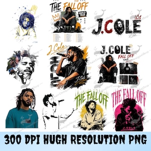 May include: A collection of nine digital graphic designs featuring J. Cole in various poses, including performing with a microphone, sitting, and portraits. The designs incorporate text such as THE FALL OFF, WORLD TOUR, and J. COLE with artistic paint splatters.