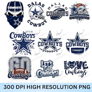 May include: A collection of eleven digital graphic designs featuring the Dallas Cowboys football team, including navy blue and silver stars, helmets, footballs, and text such as Cowboys, Let's Go, and Love, presented as high-resolution PNG files.
