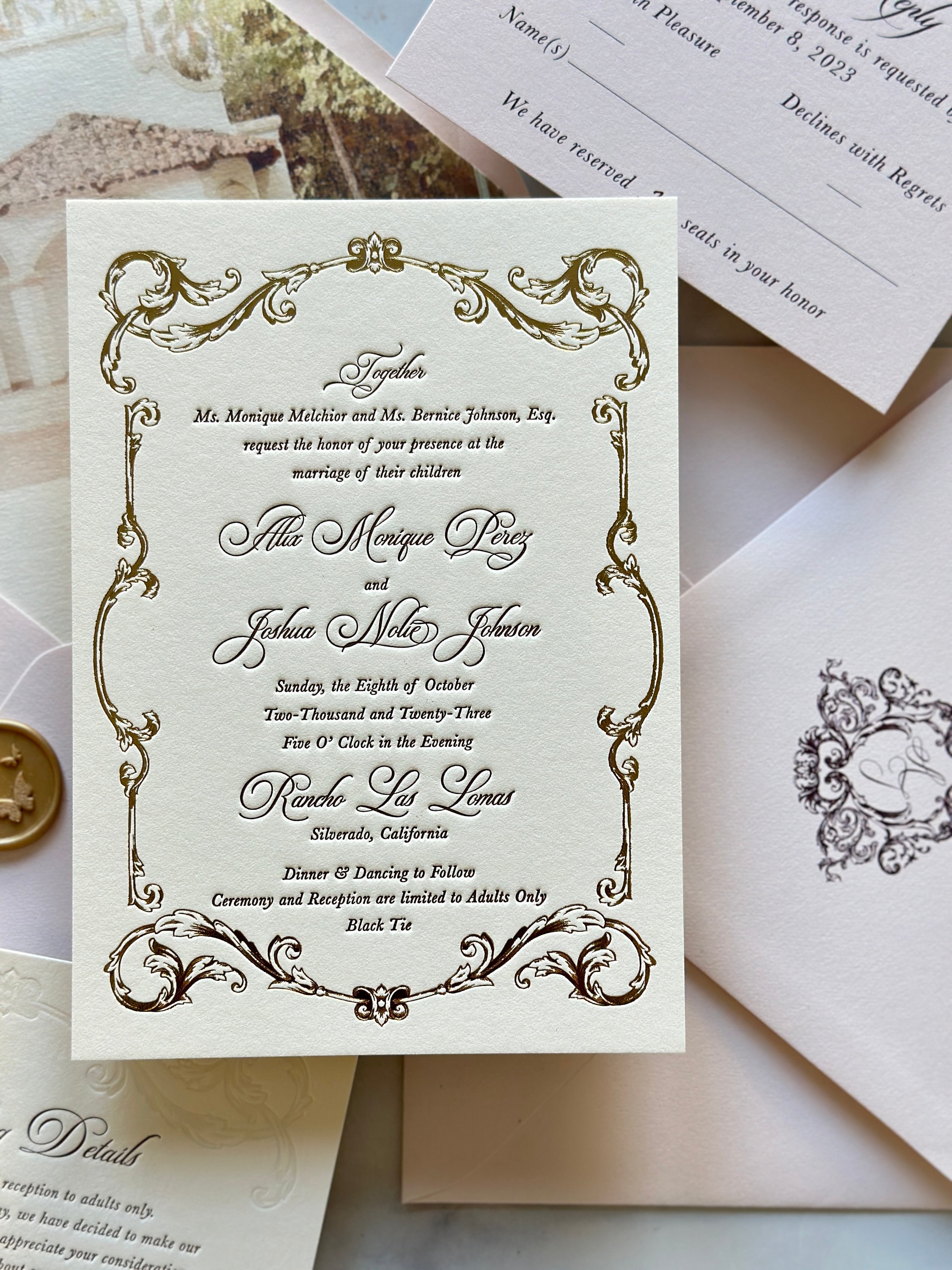 Semi-Custom_Cream, Blush and Gold Foil Letterpress Wedding Invitation Suite_Deposit