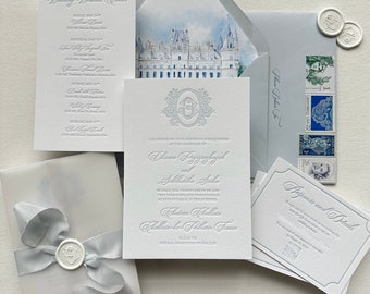 Semi-Custom_Monogram Letterpress Invite with Watercolor Venue Sketch_Deposit