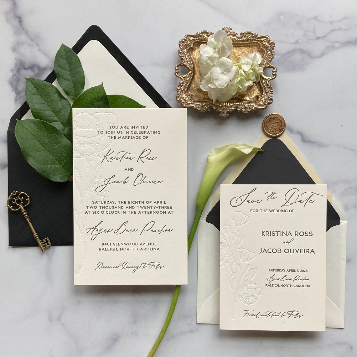 Black and Cream Letterpress Wedding Invitations image 1