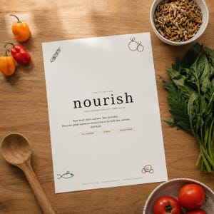 Può includere: Una guida cartacea bianca intitolata nourish: The Nigerian Fertility Food Guide, con testo su cibo e cultura, circondata da tre peperoncini habanero arancioni, un cucchiaio di legno, una ciotola di pesce essiccato, foglie verdi e due pomodori.