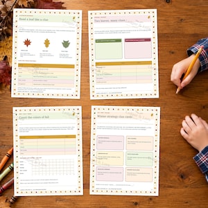 以下が含まれることがあります： Read a leaf like a clue、Two leaves, many clues、Count the colors of fall、Winter strategy clue cardsと題された4枚の学習用アクティビティシート。木製の表面にテキスト、表、葉のイラストが描かれています。