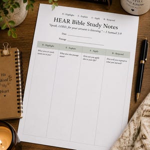 May include: A white paper sheet titled HEAR Bible Study Notes with sections for Highlight, Explain, Apply, and Respond. The document includes the text Speak, LORD, for your servant is listening. - 1 Samuel 3:9, along with lines for date and passage.
