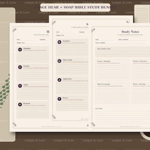 May include: A three-page Bible study bundle featuring cream-colored paper with dark text. The pages include sections labeled HEAR, SOAP, and Study Notes with lines for writing. Each page has small floral corner accents and headers for date, passage, and theme.