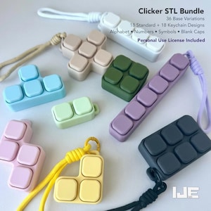 Könnte beinhalten: Eine Sammlung von mehrfarbigen Fidget-Clicker-Geräten in verschiedenen Formen und Größen, einige mit angebrachten Tragebändern. Der Text lautet: Clicker STL Bundle, 36 Base Variations, 18 Standard + 18 Keychain Designs, Alphabet, Numbers, Symbols, Blank Caps.