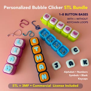Gepersonaliseerde Bubble Clicker STL-bundel – 1–8 knoppen, alfabet, cijfers, symbolen (commerciële licentie)