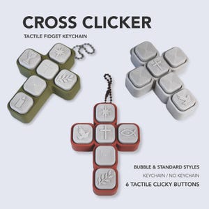 May include: Three cross-shaped fidget keychains in olive green, red, and light gray. Each features six square buttons with embossed symbols like a cross, dove, fish, candle, and star. Text reads CROSS CLICKER TACTILE FIDGET KEYCHAIN.