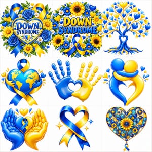 Puede incluir: Una colección de nueve ilustraciones digitales con temas en azul y amarillo, que incluyen coronas florales con el texto Down Syndrome, un árbol en forma de corazón, un globo terráqueo, siluetas de manos, figuras abrazadas y cintas.