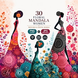 Floral Mandala Woman Clipart Bundle PNG & JPG