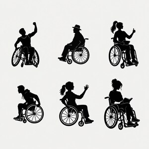 Könnte beinhalten: Eine Sammlung von sechs schwarzen Silhouetten, die Personen in Rollstühlen darstellen. Die Figuren sind in verschiedenen Posen zu sehen, darunter eine mit erhobenem Arm, eine mit Hut, eine mit erhobenem Daumen, eine nach vorne gebeugt, eine winkend und eine beim Lesen eines Buches.