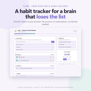 ADHD Habit Tracker App, Daily Routine Builder & Brain Dump Planner, Offline Digital Habit Checklist with Focus Timer, No Subscription
