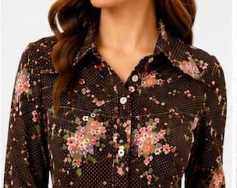 Vintage 70s Jinny Jin Floral Crop Shirt Brown Pink Retro Disco Size 8