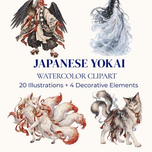 Puede incluir: Una colección digital de imágenes prediseñadas en acuarela de Yokai japoneses con 20 ilustraciones y 4 elementos decorativos. El set incluye un Tengu, una figura espiritual, un zorro de nueve colas y un gato con el texto JAPANESE YOKAI WATERCOLOR CLIPART.