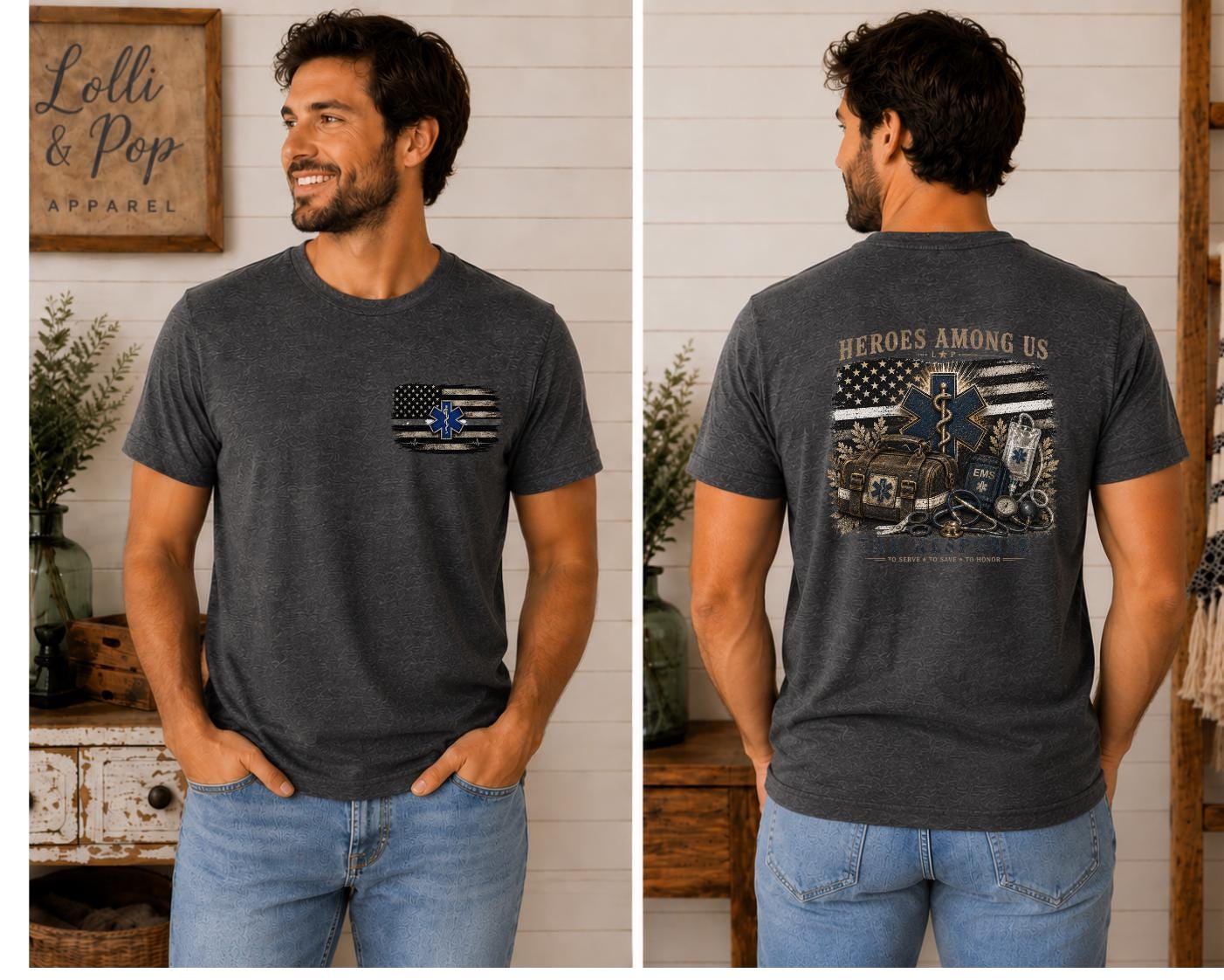 EMS Star of Life T-Shirt - Distressed Flag, Vintage First Responder Apparel
