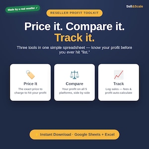 May include: A digital Reseller Profit Toolkit spreadsheet featuring three sections: Price it, Compare it, and Track it. The dark blue graphic includes icons for a price tag, scales, and a line graph, with text indicating compatibility with Google Sheets and Excel.