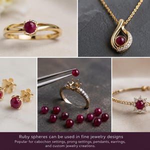 May include: A collection of gold jewelry featuring round red ruby cabochons, including a ring, a pendant, stud earrings, and a delicate bracelet. One image shows a ring setting being prepared with a loose ruby sphere held by metal tweezers.