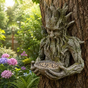 May include: A tree spirit sculpture mounted on a tree trunk, featuring a weathered bark texture with mossy green accents. The figure has a bearded face and holds a bowl filled with mixed birdseed in its hands, serving as a functional bird feeder.