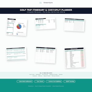 Può includere: Un modello di foglio di calcolo digitale per pianificare viaggi di golf e dividere le spese. Il layout include una dashboard con grafico a torta, monitoraggio delle spese e una lista di imballaggio. Il testo include "GOLF TRIP ITINERARY & COST-SPLIT PLANNER" e "Streamlyne".