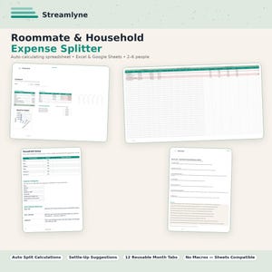 May include: A digital Roommate & Household Expense Splitter spreadsheet for Excel and Google Sheets. The interface displays a dashboard, expense tracking tables, household setup configurations, and instructional text for 2-6 people.