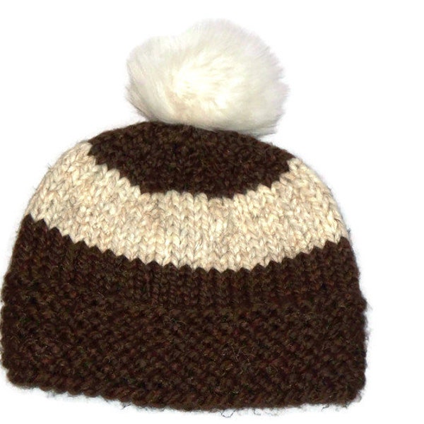 Warm Winter Beanie Hat Brown and Ivory